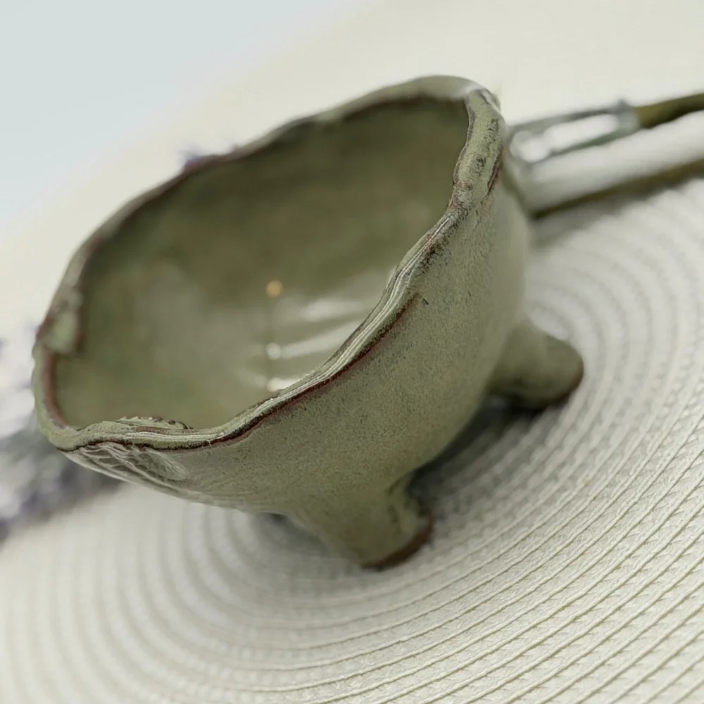 Handmade Studio Pottery Sage Green Glazed Footed Bowl Wavy Rim Wabi Sabi 4.5
